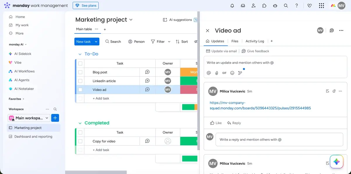 Messages in tasks in monday.com