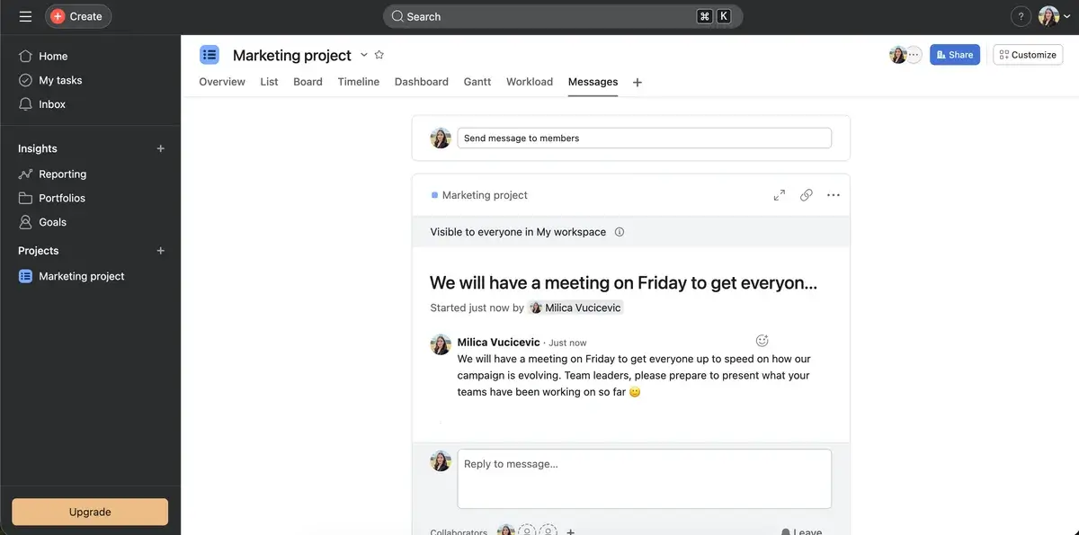 Project messages in Asana