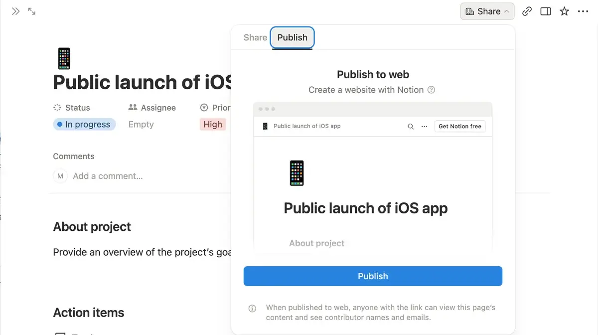 Publish option in Notion