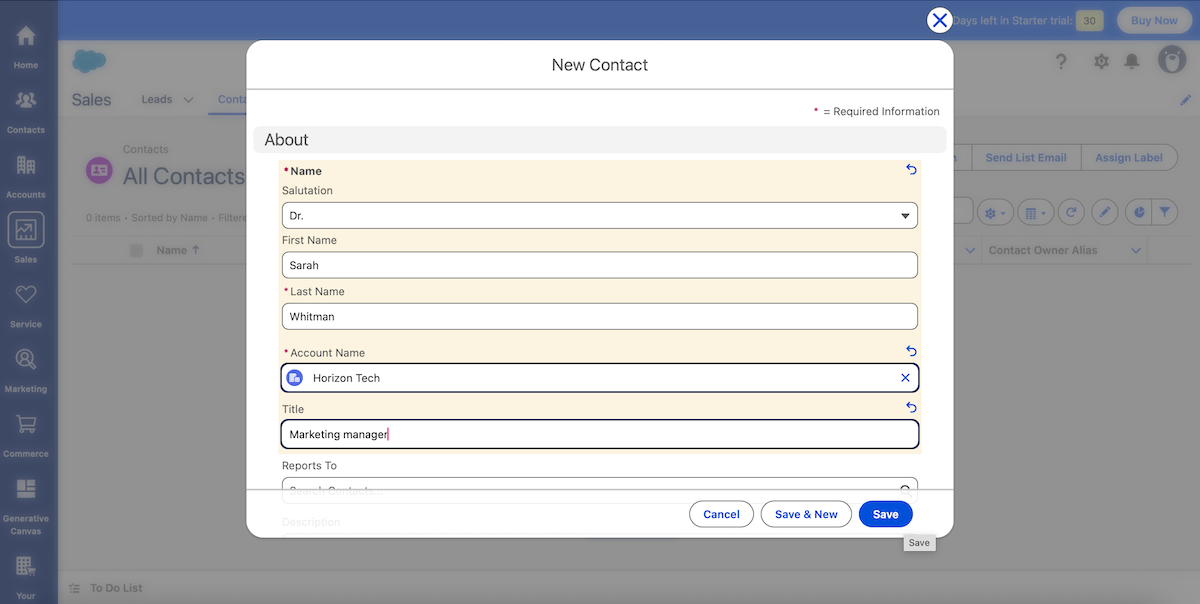 Adding a new contact in Salesforce sales project management software