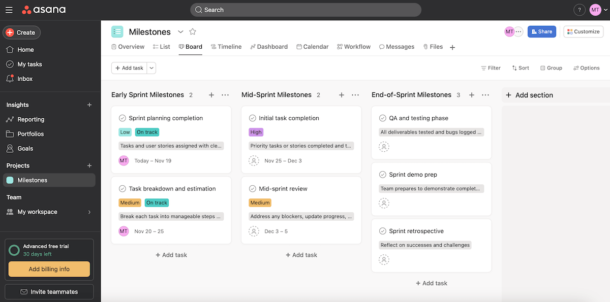 A breakdown of project milestones shown in Asana project management software