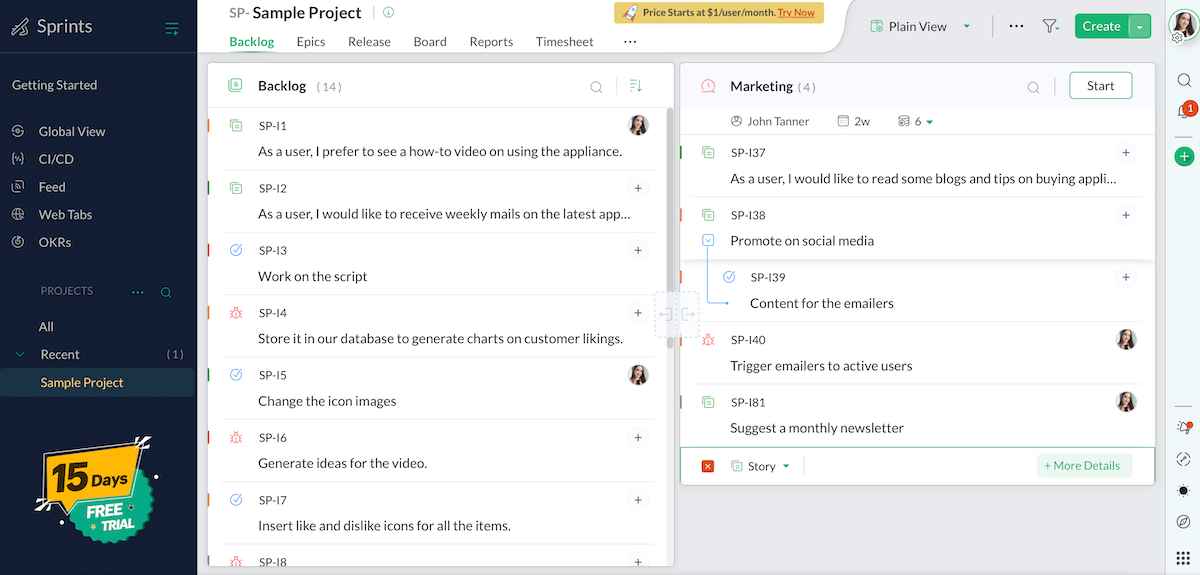 Example of a project backlog in Zoho Sprints project management software