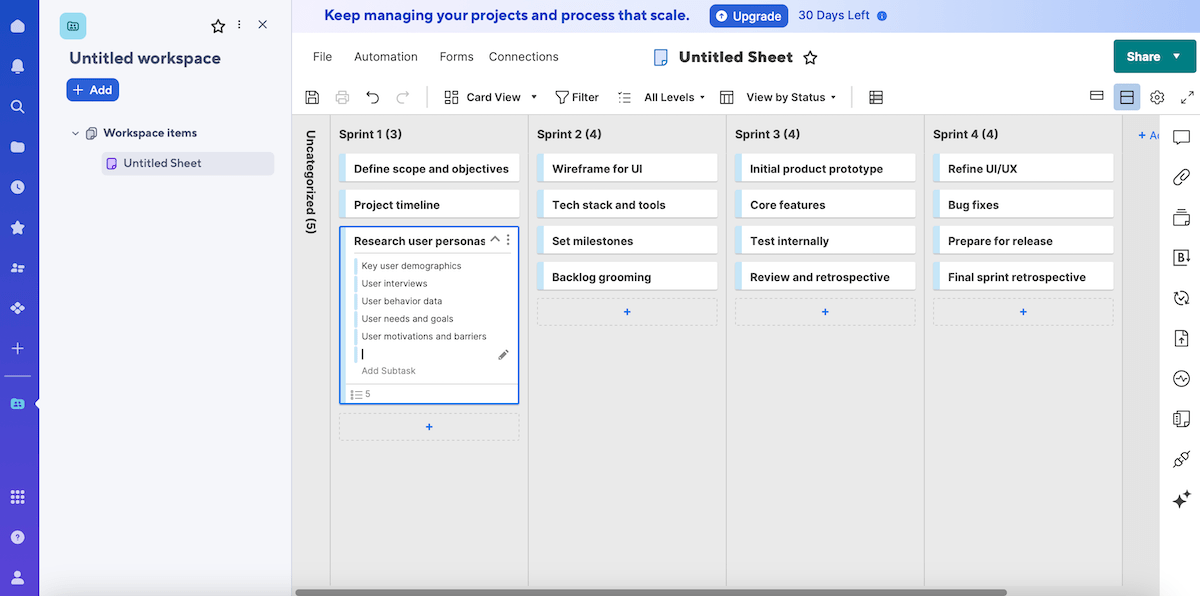 Card view shown in Smartsheet project management software