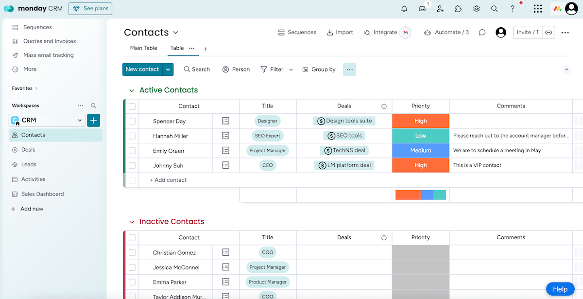 Contacts in monday CRM sales project management software