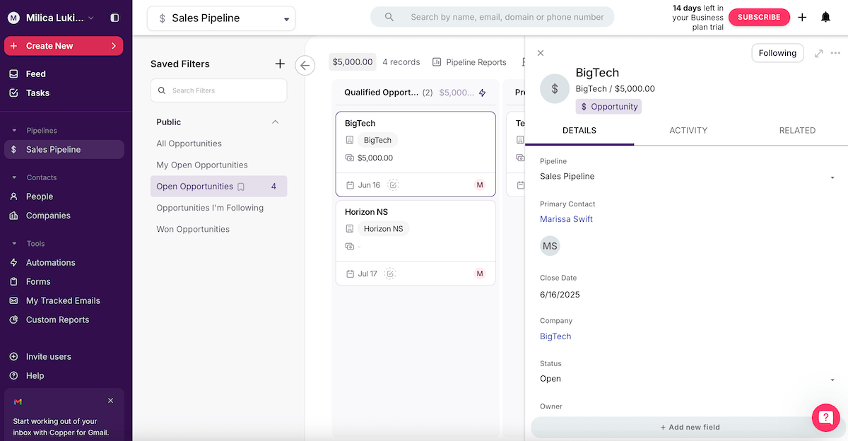 Custom sales pipeline in Copper sales project management software