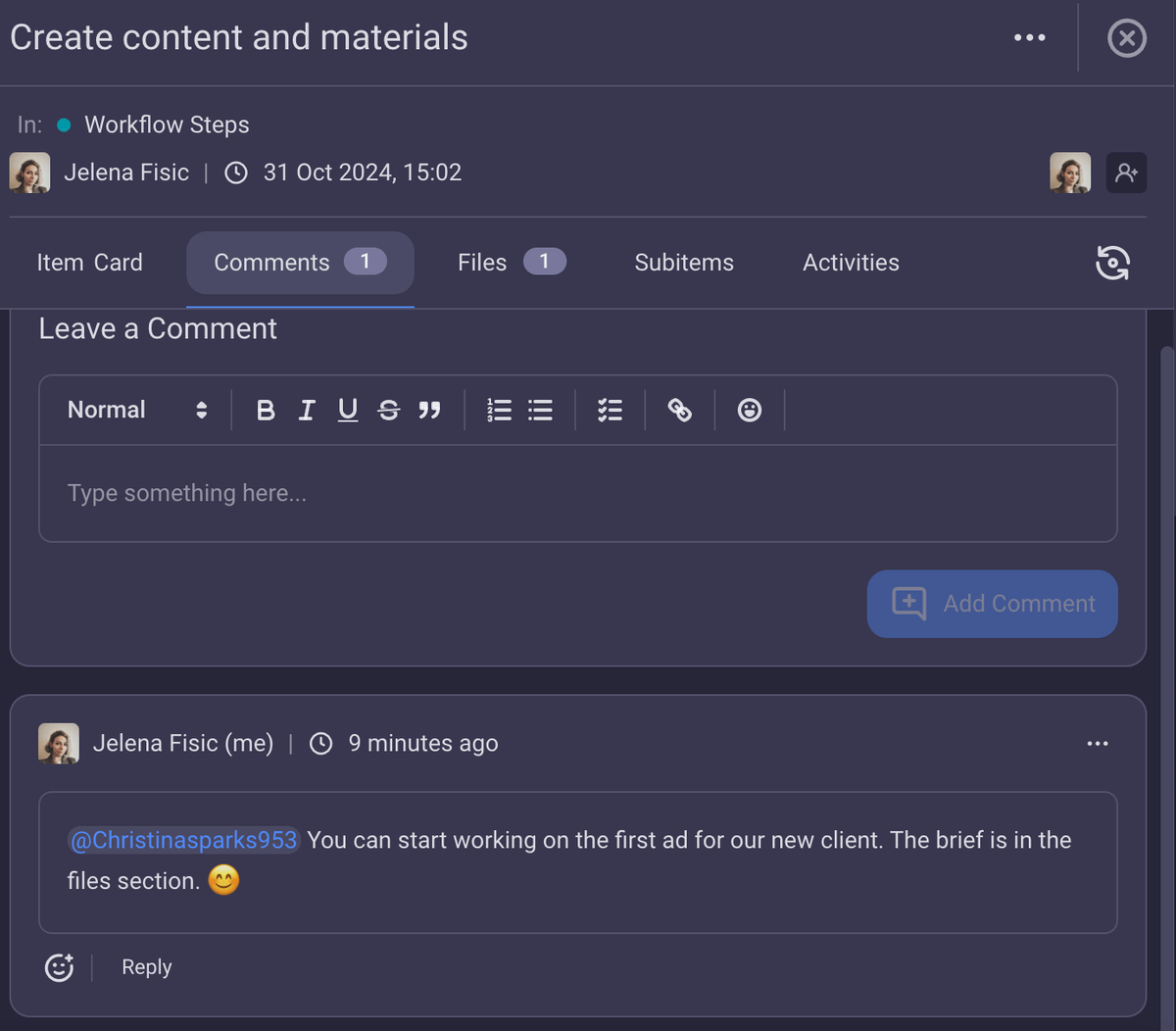 Comments section shown in Plaky project management software