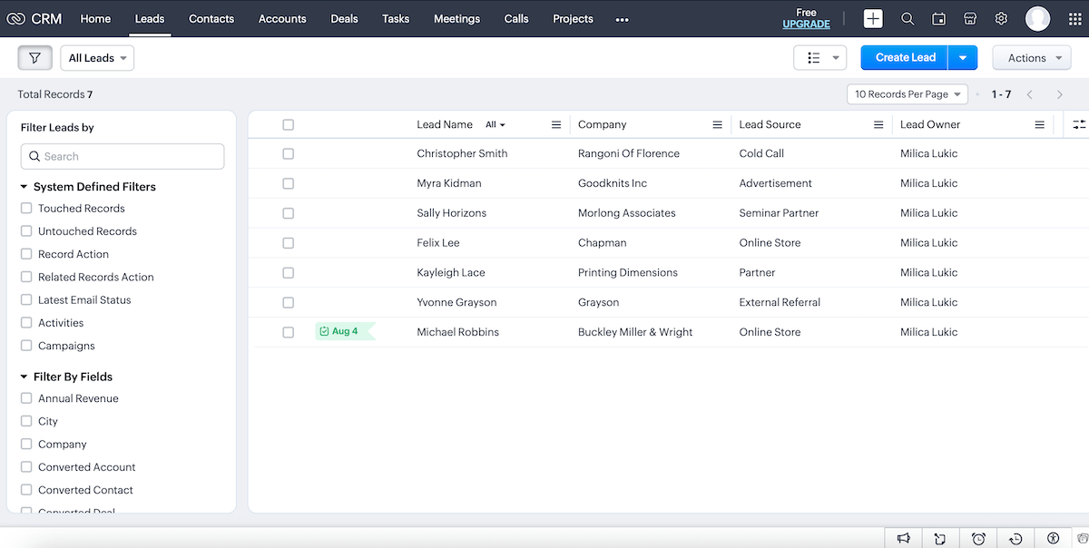 Leads overview in Zoho CRM software