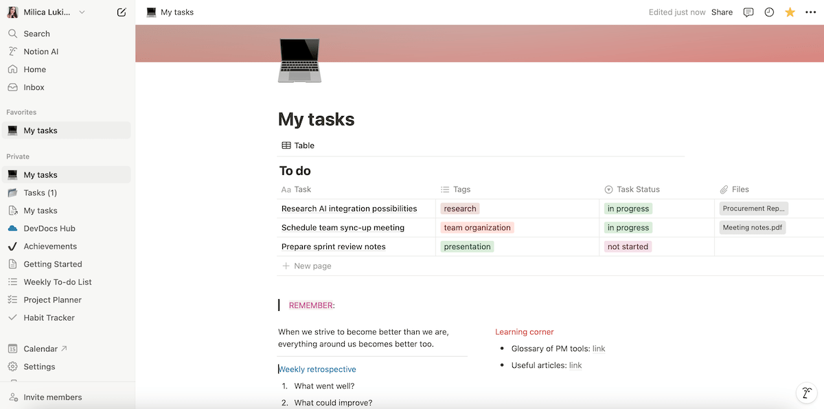 Example of a personal tasks page in Notion project management software