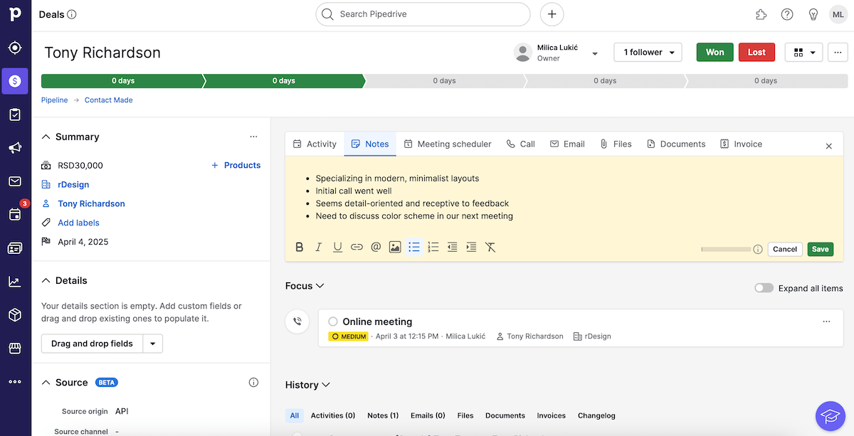 Pipedrive's interface