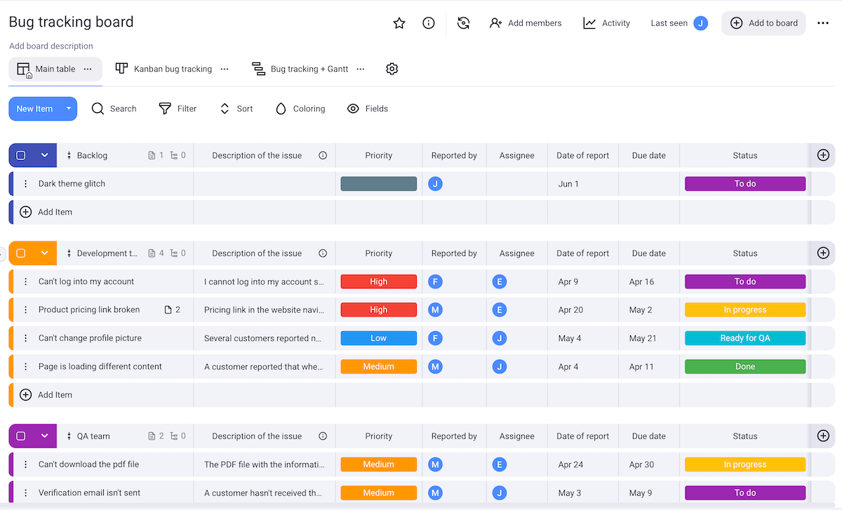 Bug tracking board shown in Plaky project management software