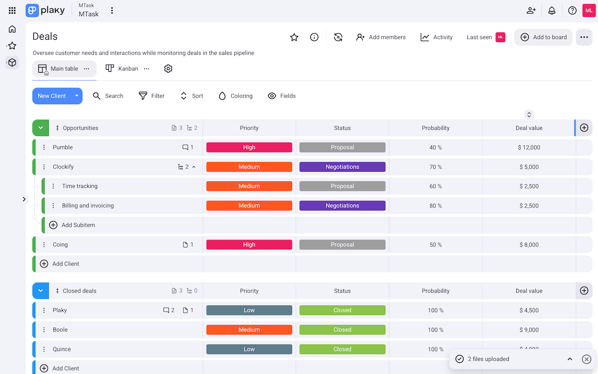 Deals project board shown in Plaky sales project management software