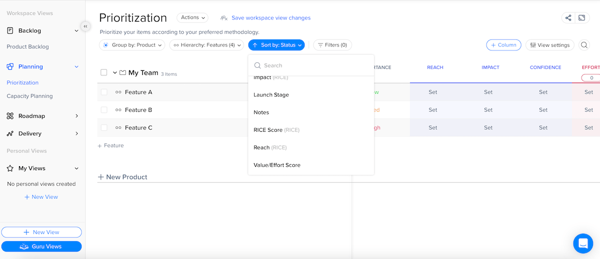 Prioritization options shown in Craft.io product management software