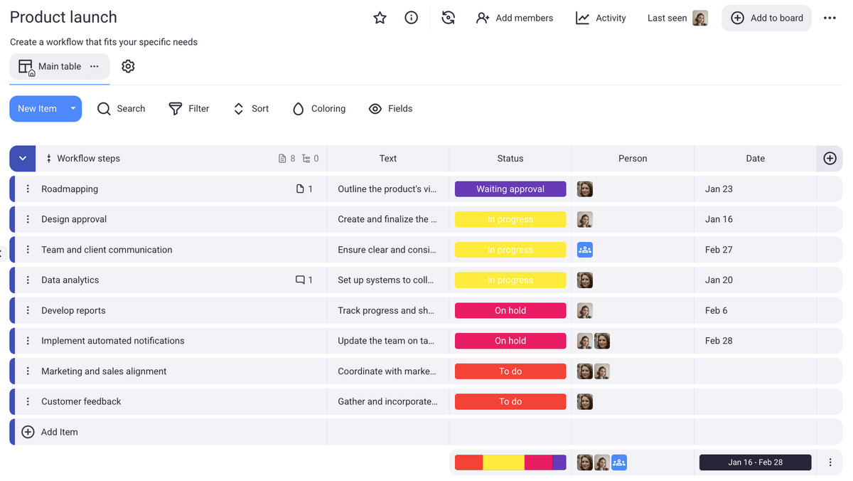 A product launch project board shown in Plaky project management software