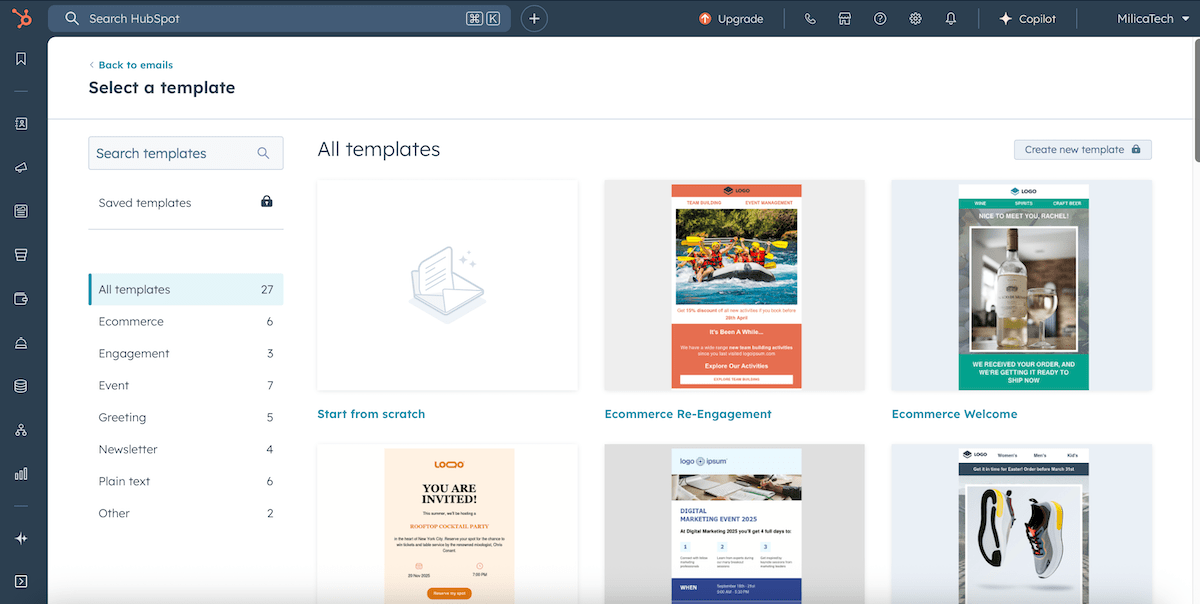 Email templates in HubSpot sales project management software