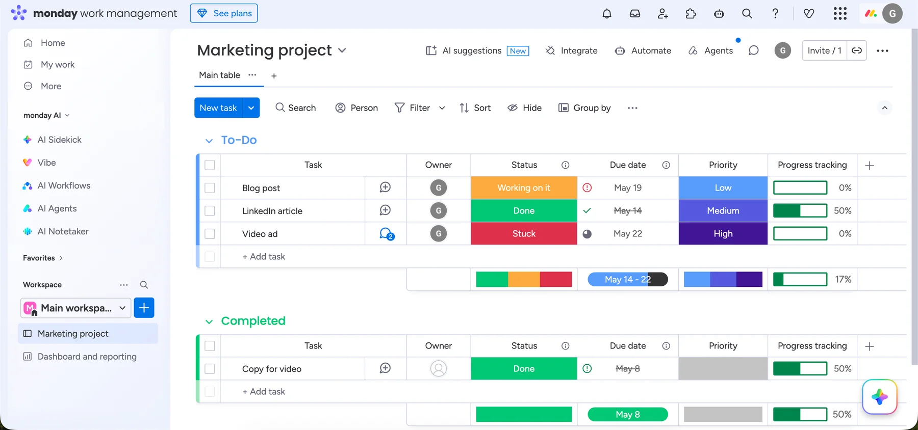 Social media scheduling template in monday.com