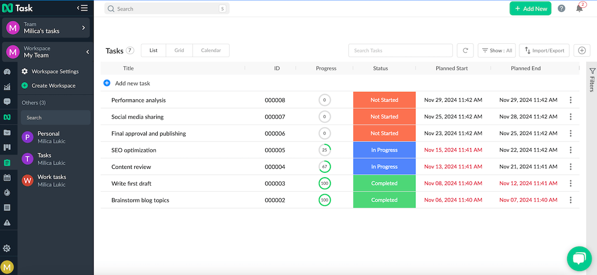 Example of a task list in nTask project management software