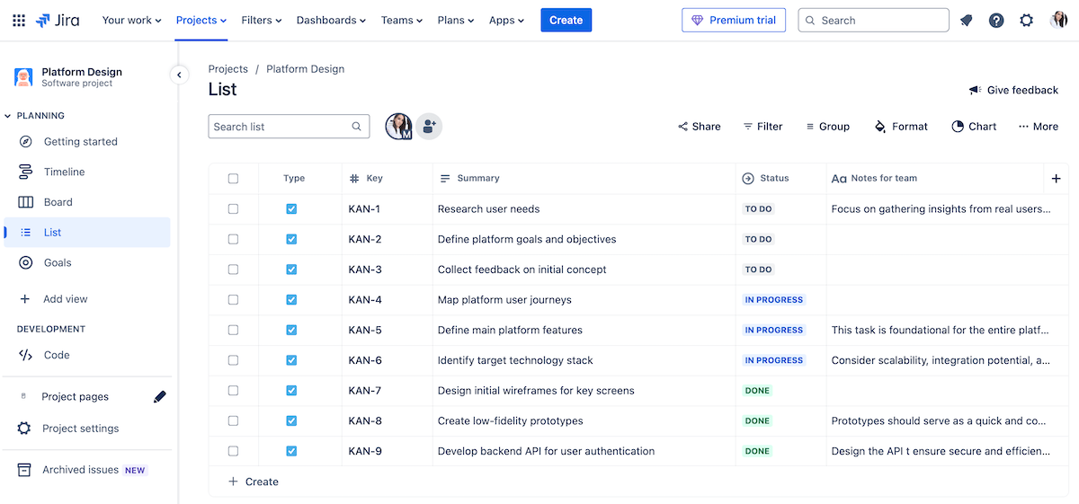 Example of a task list in Jira project management software