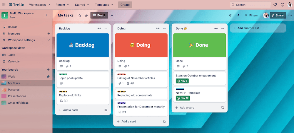 Kanban task overview in Trello project management software