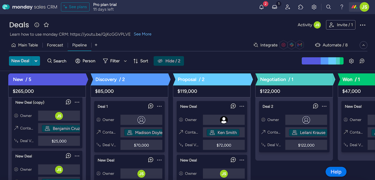 Tracking deals in monday sales CRM