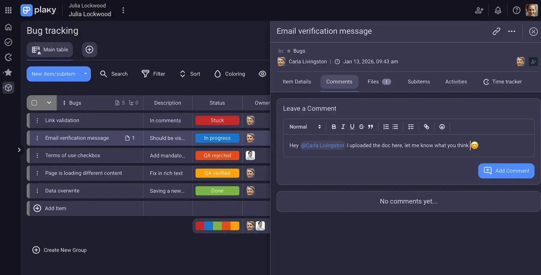 Communicating in Plaky's comments section