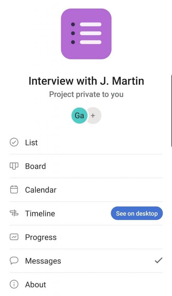 Viewing options in Asana