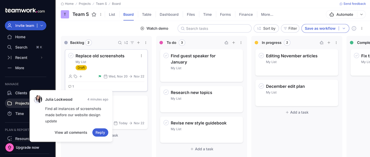 Example of a project workspace in Teamwork project management software