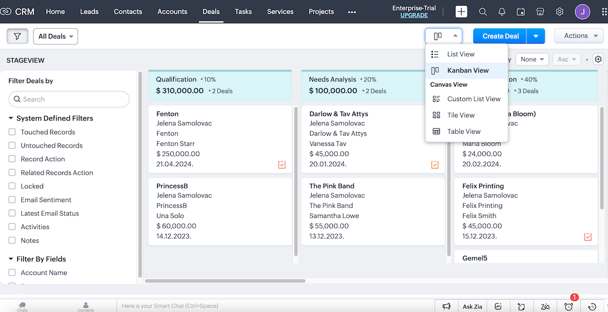 Zoho CRM deals manager