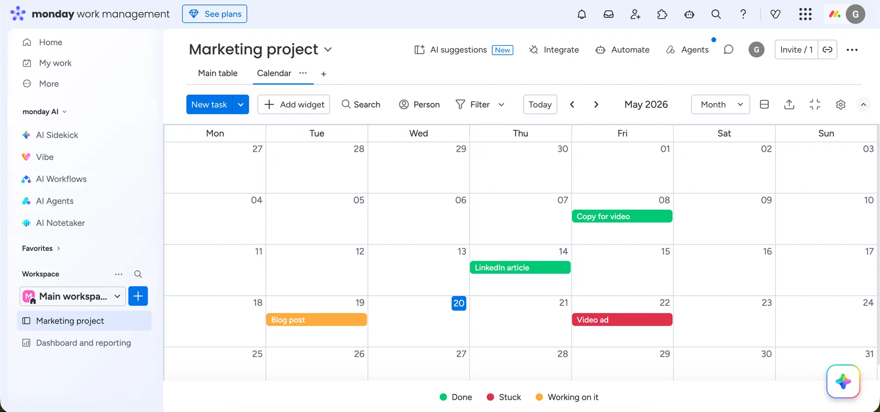 Calendar view in monday