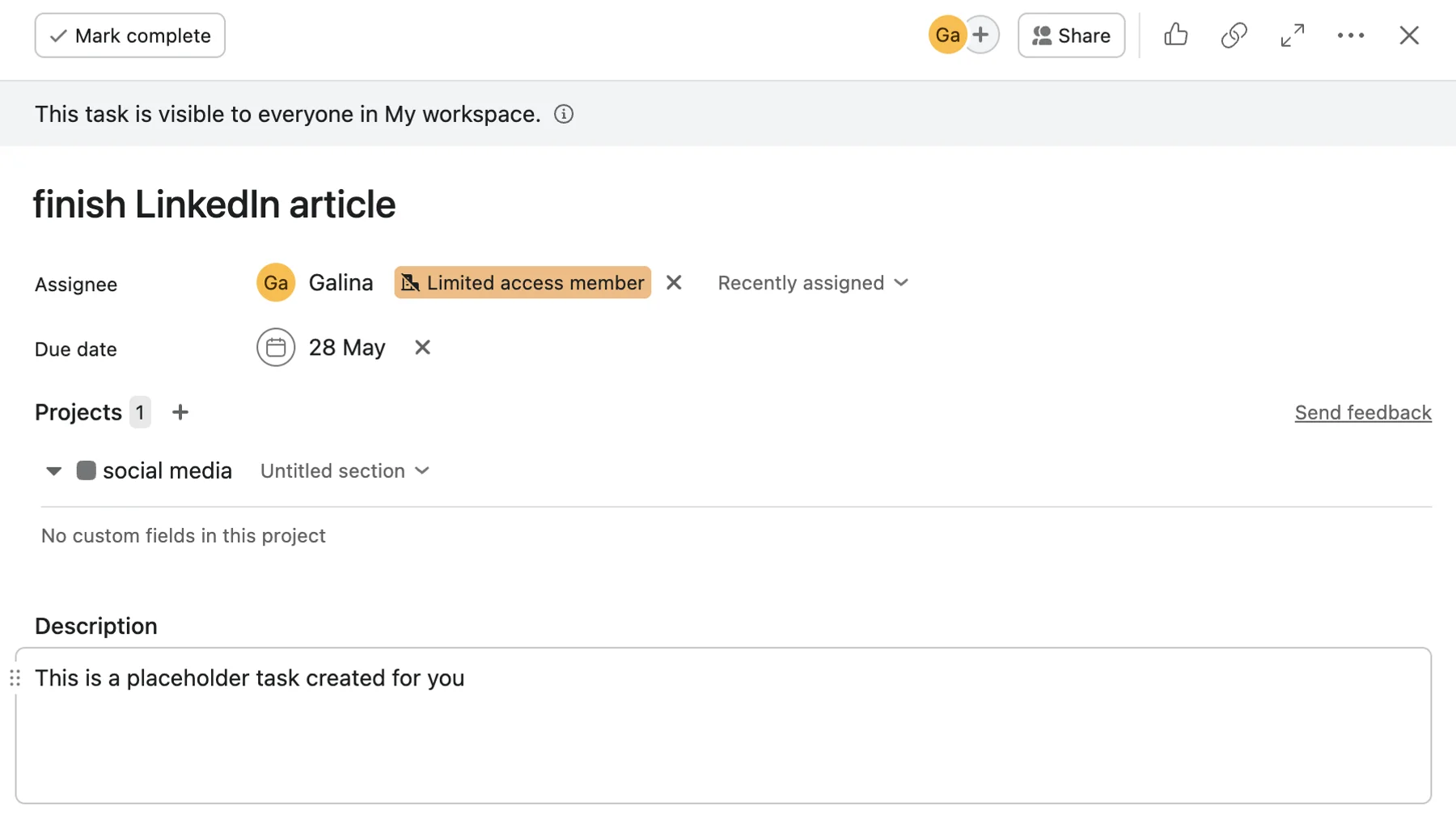 Example of a task in Asana