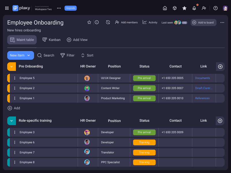 Plaky’s employee onboarding workflow template