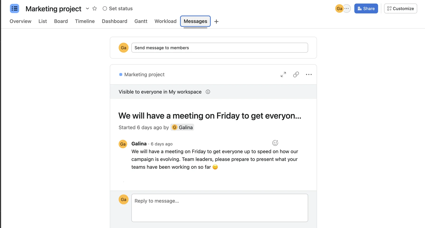 Messages view in Asana