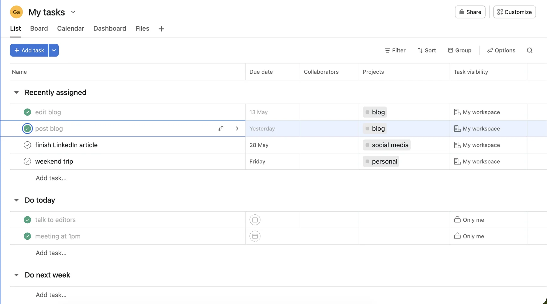 My tasks section in Asana