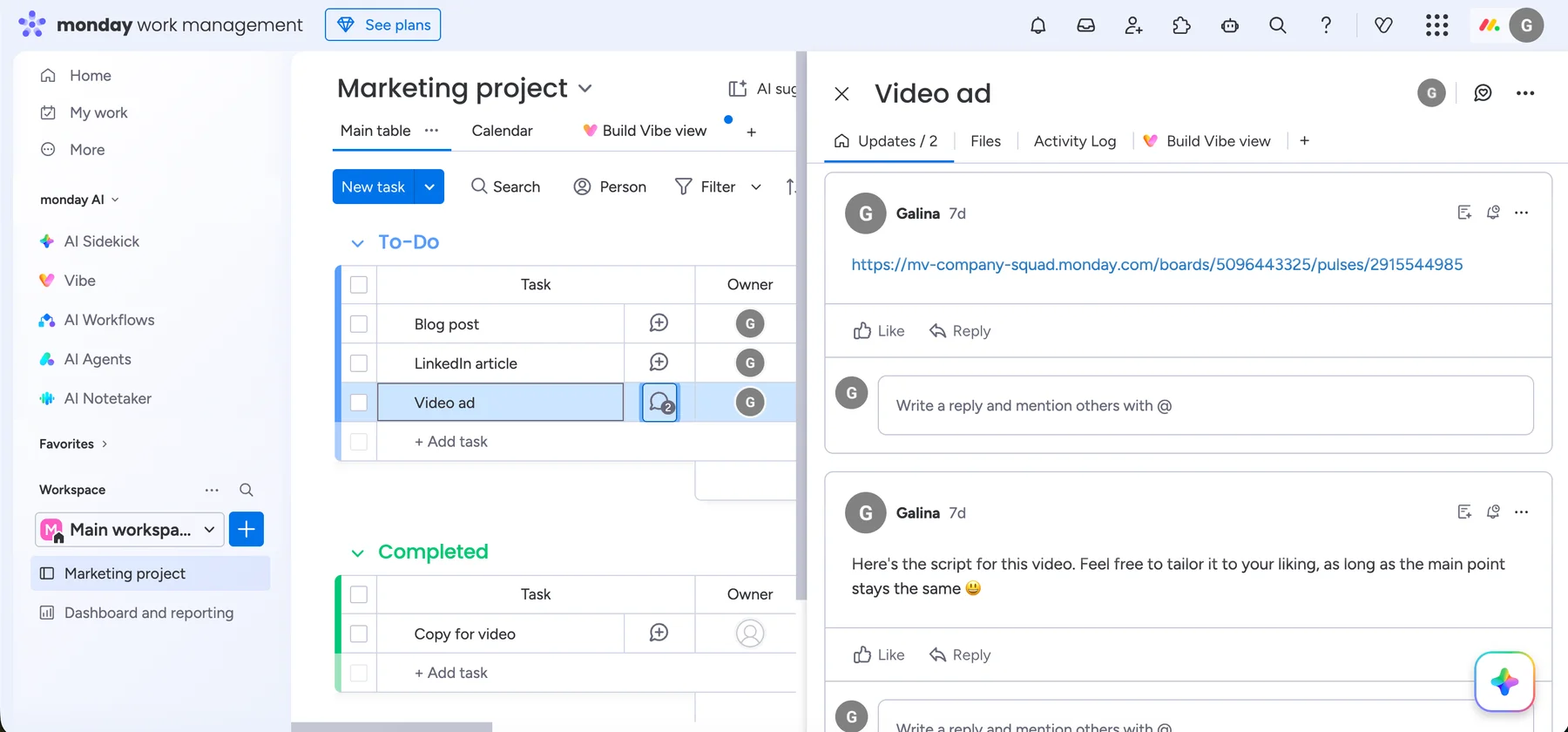 Sharing updates within tasks in monday