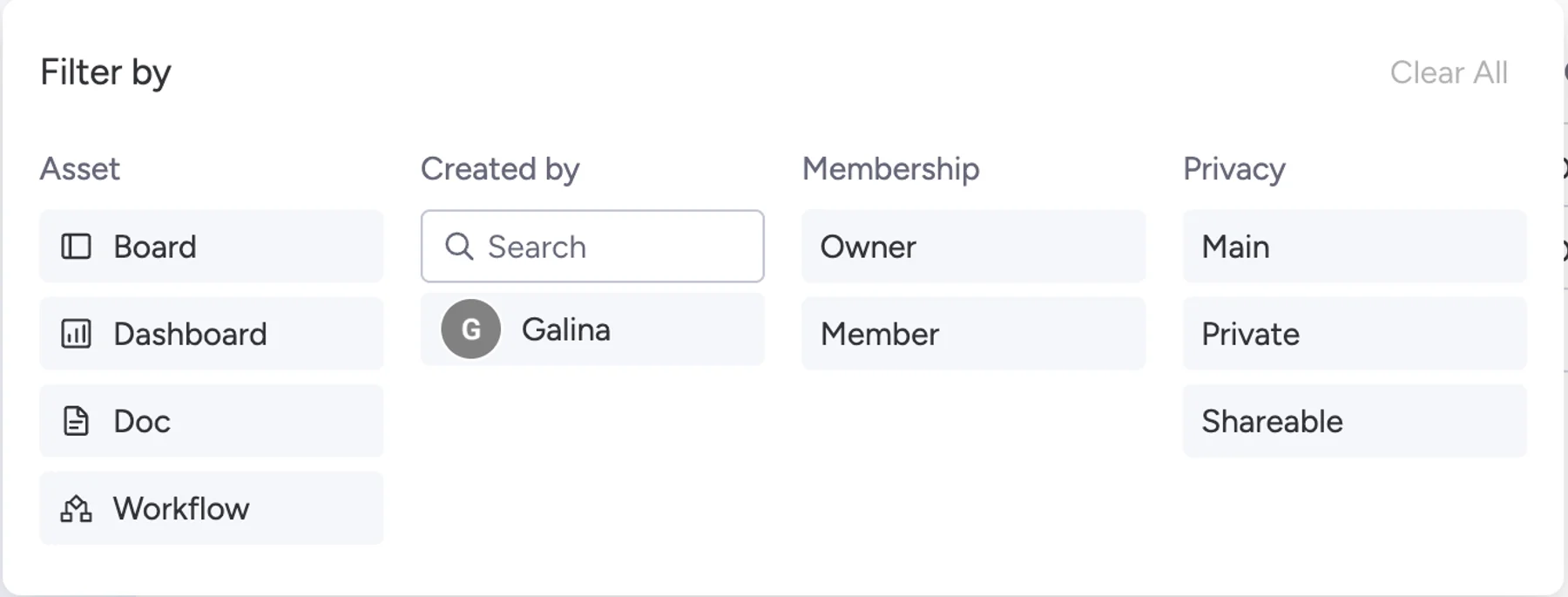 Task filtering options in monday