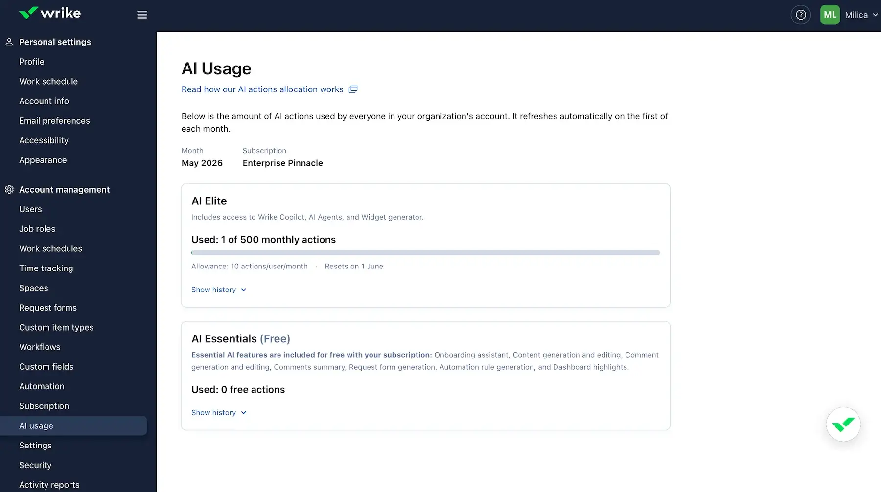 AI usage status in Wrike