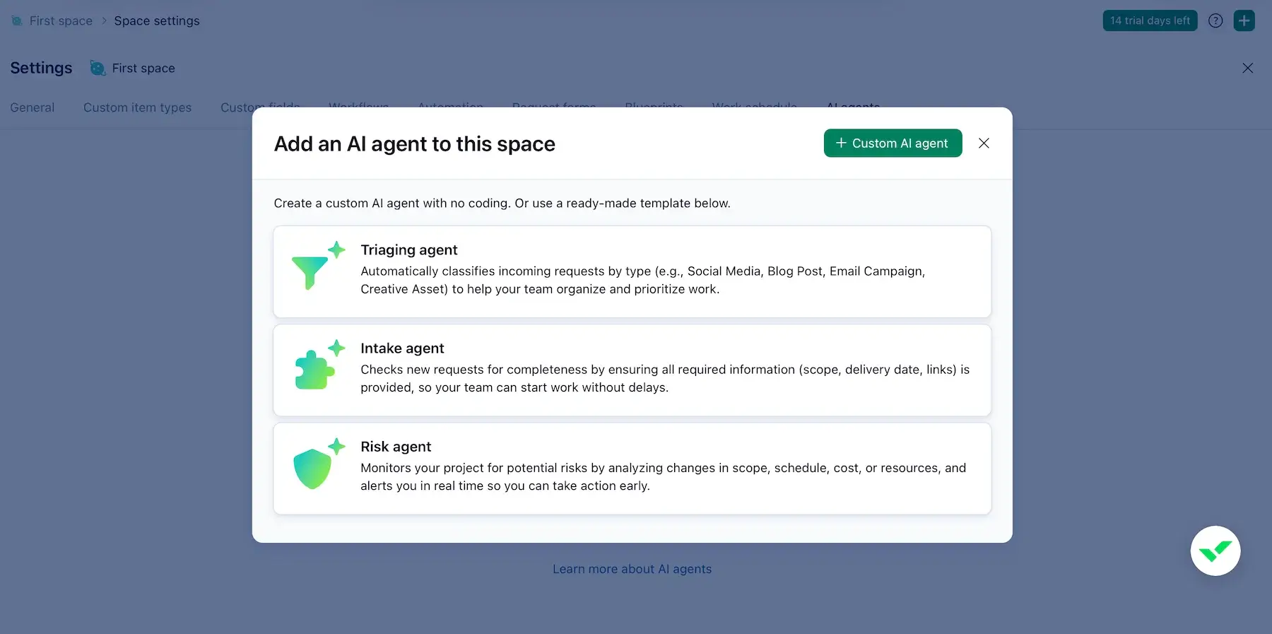 Adding an AI agent in Wrike