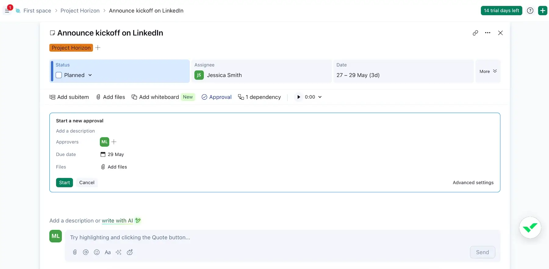 Asking for approval right from the task card in Wrike