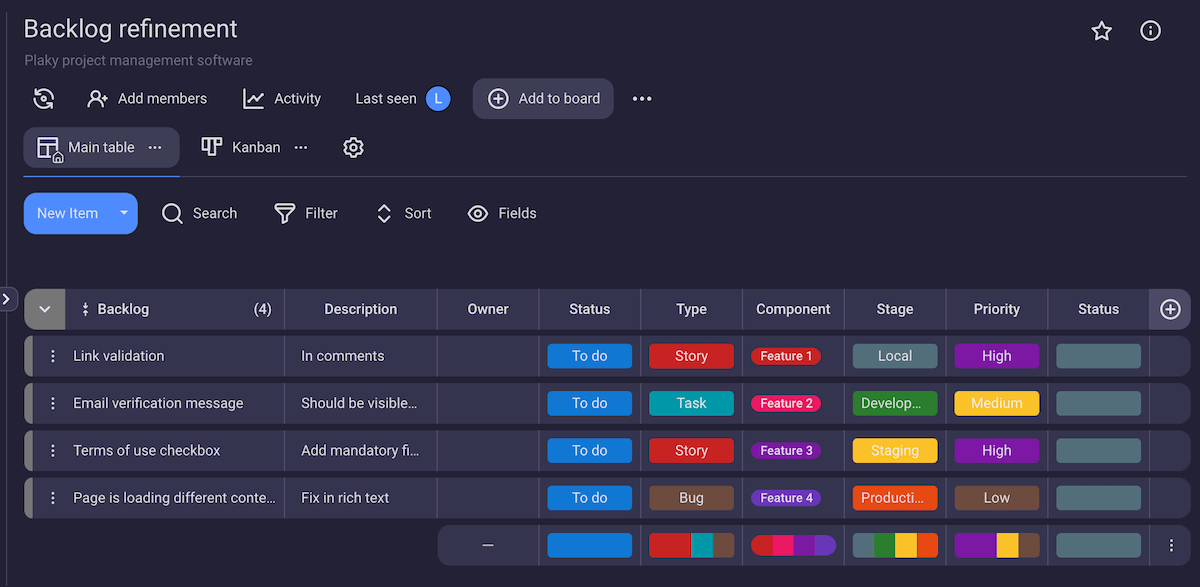 Refined Product Backlog shown in Plaky project management software