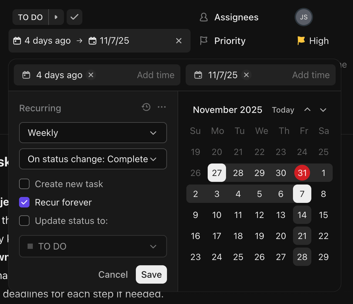 Recurring tasks in ClickUp