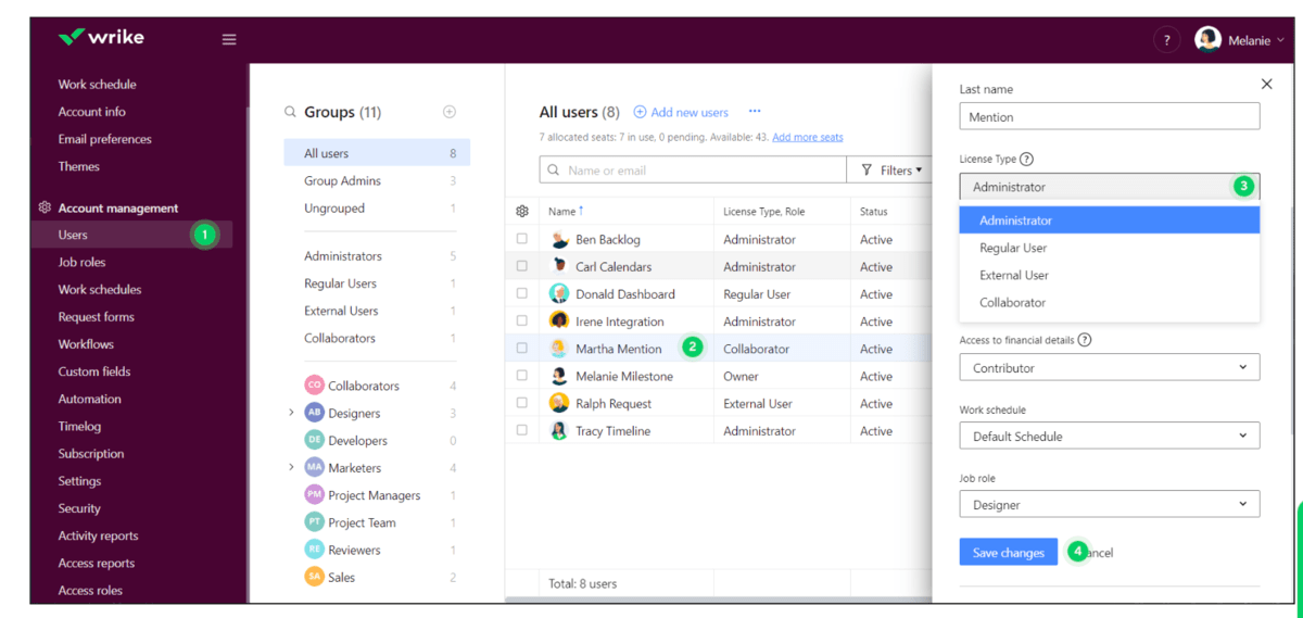 Grant admin rights in Wrike, source: Wrike