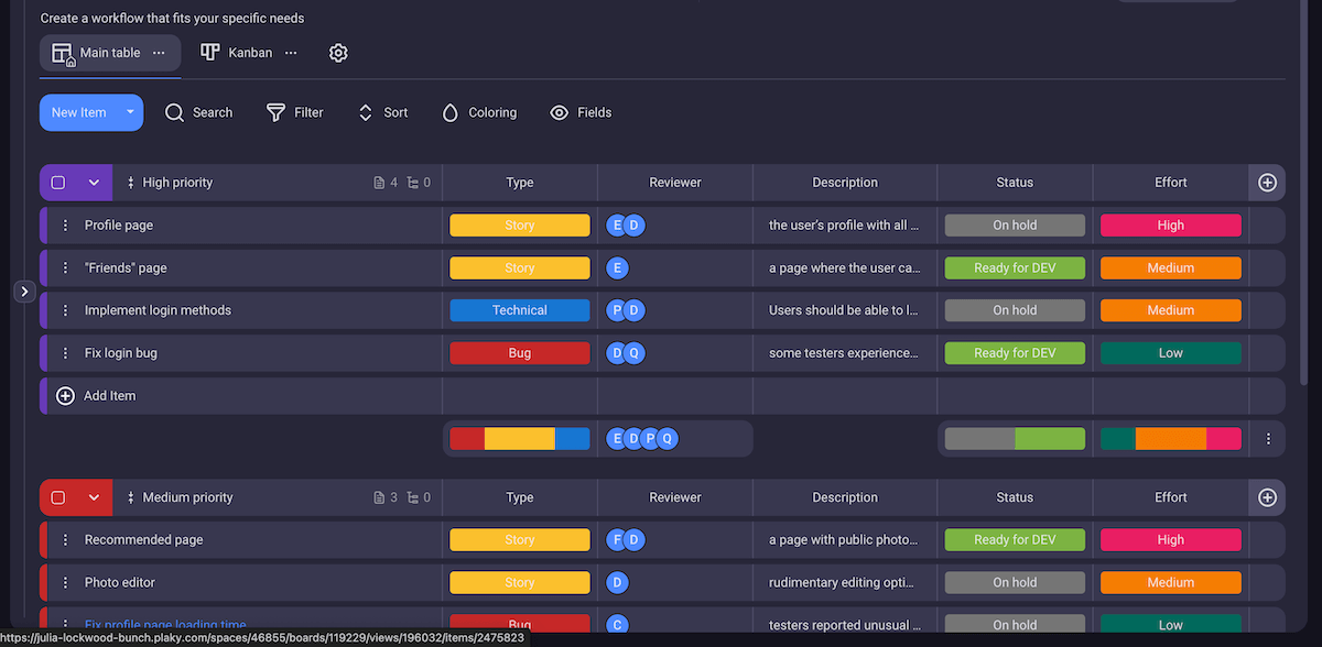 Example of a Product Backlog shown in Plaky project management software