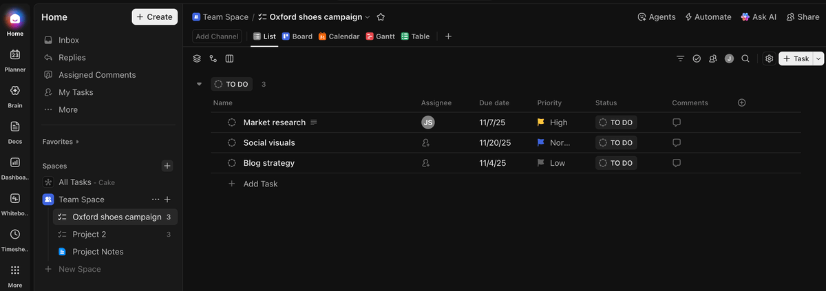 Project board in ClickUp