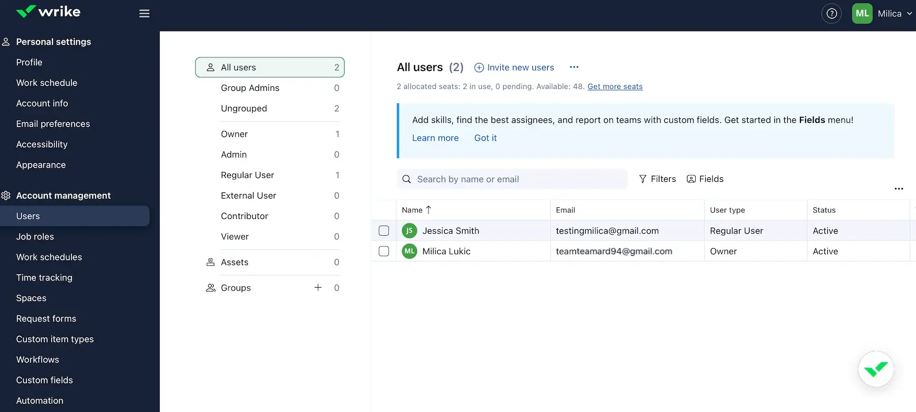 Setting up user types in Wrike