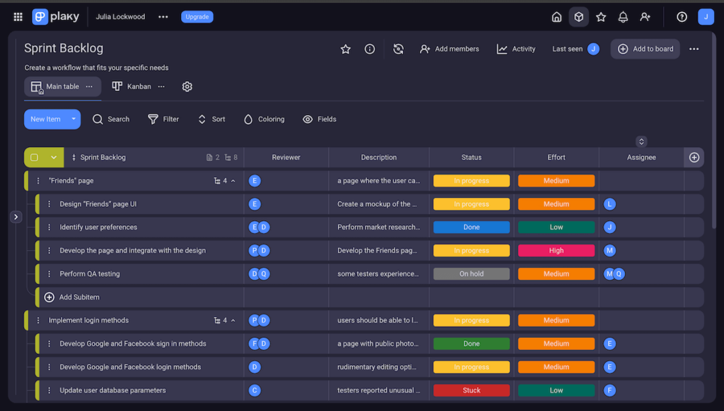 Nesting subitems underneath parent items in Plaky project management software