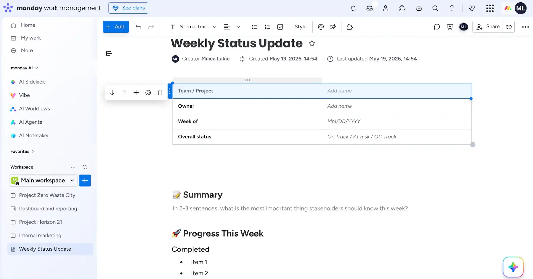 Workdocs in monday.com