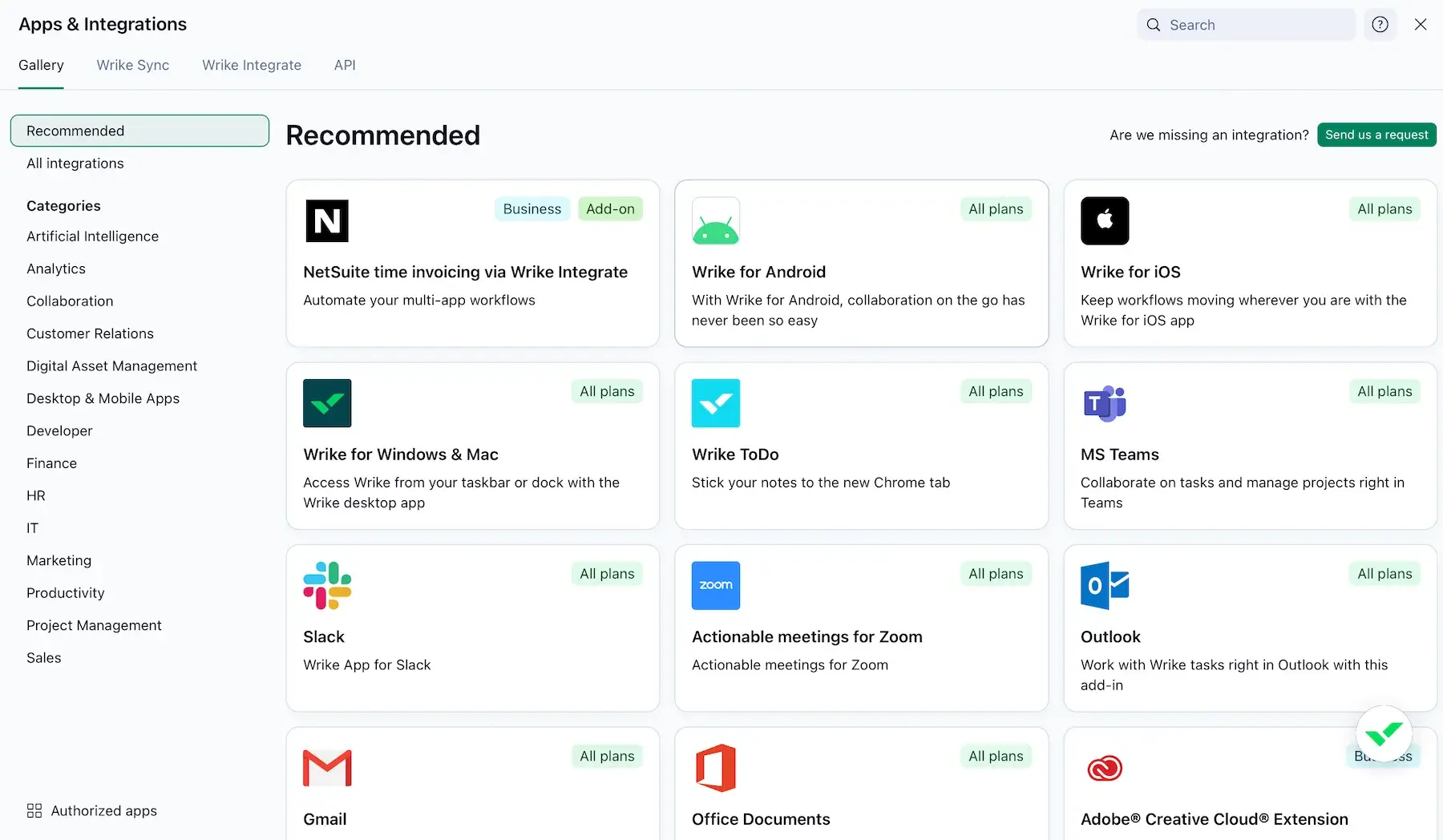Wrike’s apps and integrations page