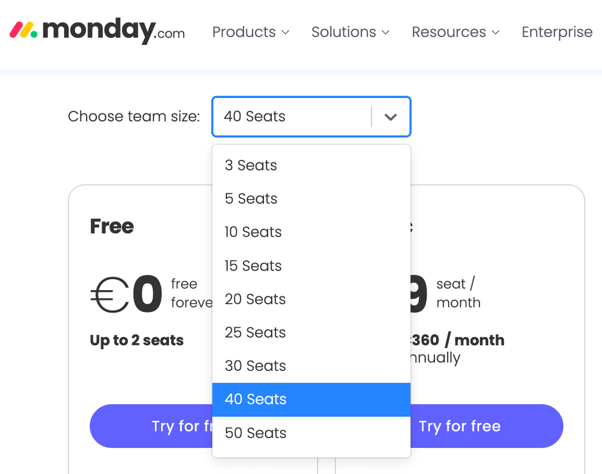 monday.com’s team size picker