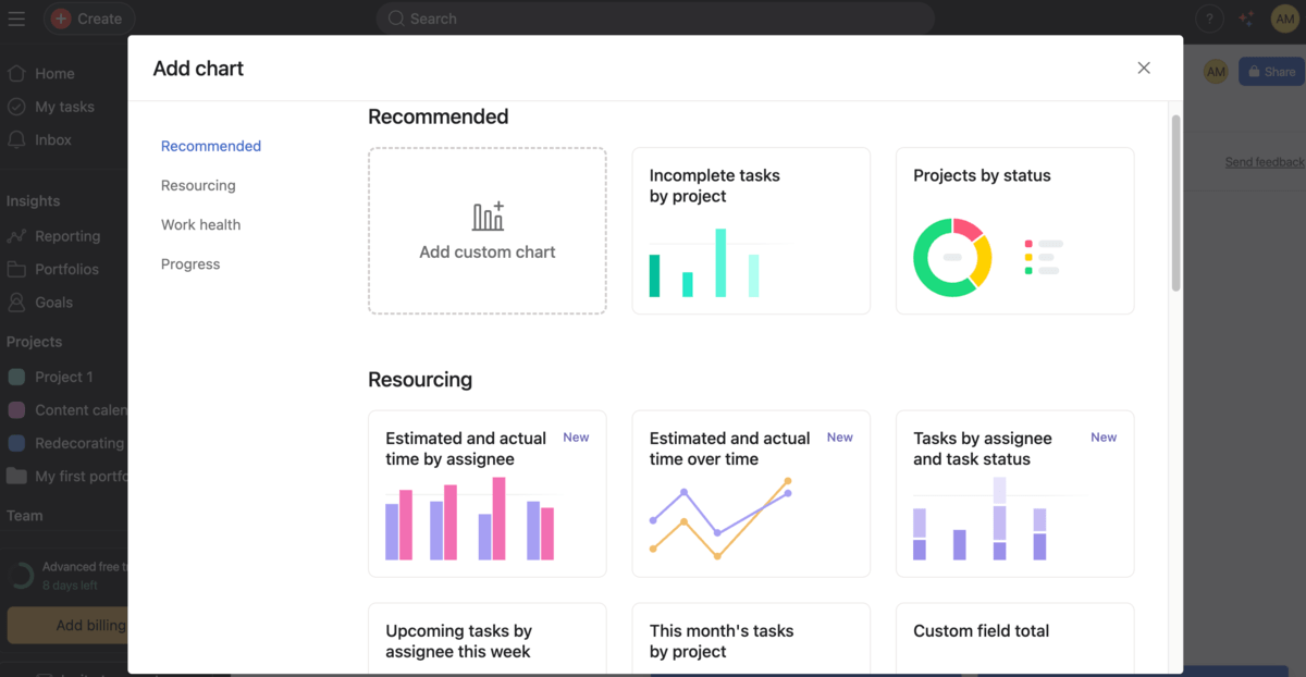 Adding widgets to a dashboard in Asana for better progress tracking 
