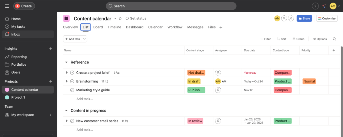 Asana’s user interface
