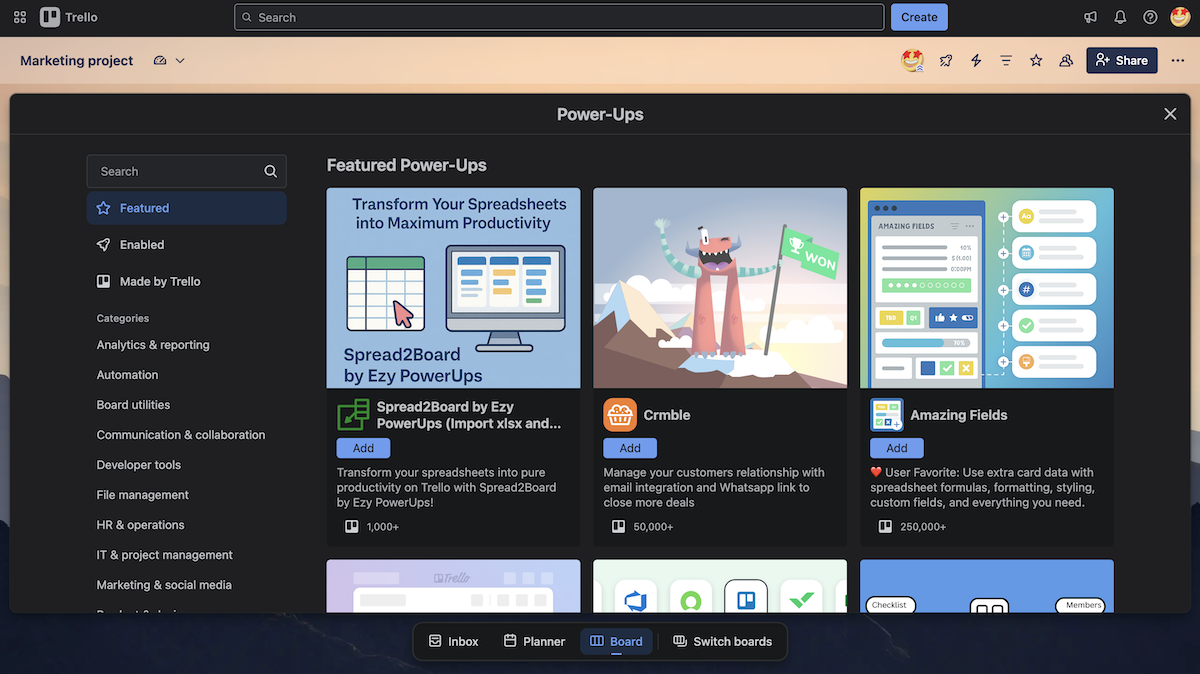 Trello's Power-Ups selection